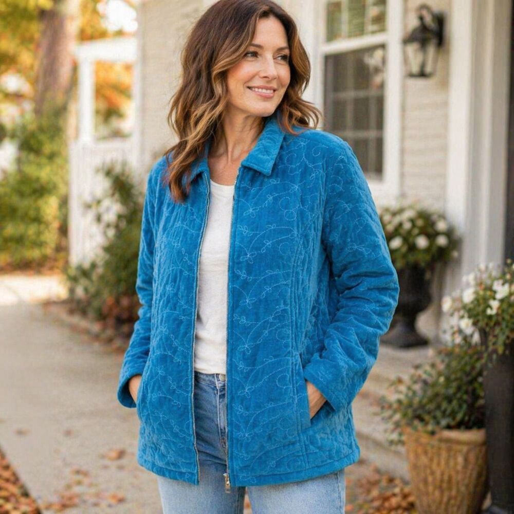 Vintage 90s Denim & Co Teal Blue Quilted Velvet Jacket NWT L Eclectic Grandpa